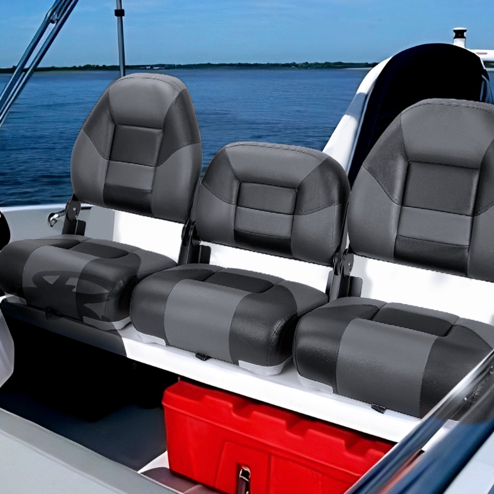 NORTHCAPTAIN Deluxe 52" Charcoal/Red Bass Boat Seat 3 PCS Folding Fishing Boat Seat,Stainless Steel Screws Included